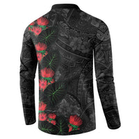 Hawaiian Taro Leaves and Ohia Lehua Button Sweatshirt Polynesian Tribal Art Tropical Plants Motifs Grayscale