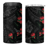 Hawaiian Taro Leaves and Ohia Lehua 4 in 1 Can Cooler Tumbler Polynesian Tribal Art Tropical Plants Motifs Grayscale