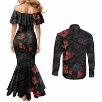 Hawaiian Taro Leaves and Ohia Lehua Couples Matching Mermaid Dress and Long Sleeve Button Shirt Polynesian Tribal Art Tropical Plants Motifs Grayscale