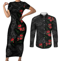 Hawaiian Taro Leaves and Ohia Lehua Couples Matching Short Sleeve Bodycon Dress and Long Sleeve Button Shirt Polynesian Tribal Art Tropical Plants Motifs Grayscale