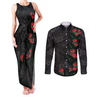 Hawaiian Taro Leaves and Ohia Lehua Couples Matching Tank Maxi Dress and Long Sleeve Button Shirt Polynesian Tribal Art Tropical Plants Motifs Grayscale