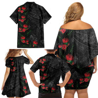 Hawaiian Taro Leaves and Ohia Lehua Family Matching Off Shoulder Short Dress and Hawaiian Shirt Polynesian Tribal Art Tropical Plants Motifs Grayscale