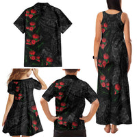 Hawaiian Taro Leaves and Ohia Lehua Family Matching Tank Maxi Dress and Hawaiian Shirt Polynesian Tribal Art Tropical Plants Motifs Grayscale