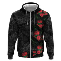 Hawaiian Taro Leaves and Ohia Lehua Hoodie Polynesian Tribal Art Tropical Plants Motifs Grayscale