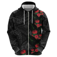 Hawaiian Taro Leaves and Ohia Lehua Hoodie Polynesian Tribal Art Tropical Plants Motifs Grayscale