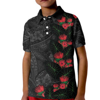 Hawaiian Taro Leaves and Ohia Lehua Kid Polo Shirt Polynesian Tribal Art Tropical Plants Motifs Grayscale