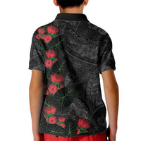 Hawaiian Taro Leaves and Ohia Lehua Kid Polo Shirt Polynesian Tribal Art Tropical Plants Motifs Grayscale