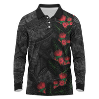 Hawaiian Taro Leaves and Ohia Lehua Long Sleeve Polo Shirt Polynesian Tribal Art Tropical Plants Motifs Grayscale