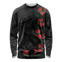 Hawaiian Taro Leaves and Ohia Lehua Long Sleeve Shirt Polynesian Tribal Art Tropical Plants Motifs Grayscale