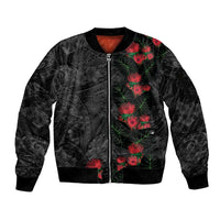 Hawaiian Taro Leaves and Ohia Lehua Sleeve Zip Bomber Jacket Polynesian Tribal Art Tropical Plants Motifs Grayscale