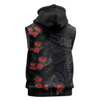 Hawaiian Taro Leaves and Ohia Lehua Sleeveless Hoodie Polynesian Tribal Art Tropical Plants Motifs Grayscale