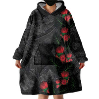 Hawaiian Taro Leaves and Ohia Lehua Wearable Blanket Hoodie Polynesian Tribal Art Tropical Plants Motifs Grayscale