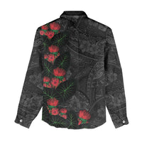 Hawaiian Taro Leaves and Ohia Lehua Women Casual Shirt Polynesian Tribal Art Tropical Plants Motifs Grayscale