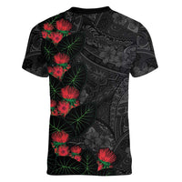Hawaiian Taro Leaves and Ohia Lehua Women V-Neck T-Shirt Polynesian Tribal Art Tropical Plants Motifs Grayscale