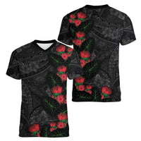 Hawaiian Taro Leaves and Ohia Lehua Women V-Neck T-Shirt Polynesian Tribal Art Tropical Plants Motifs Grayscale