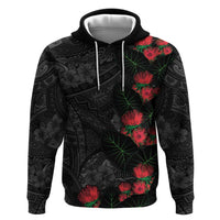 Hawaiian Taro Leaves and Ohia Lehua Zip Hoodie Polynesian Tribal Art Tropical Plants Motifs Grayscale