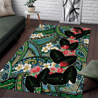 Hawaiian Taro Leaves and Ohia Lehua Area Rug Polynesian Tribal Art Tropical Plants Motifs Colorful