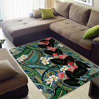 Hawaiian Taro Leaves and Ohia Lehua Area Rug Polynesian Tribal Art Tropical Plants Motifs Colorful