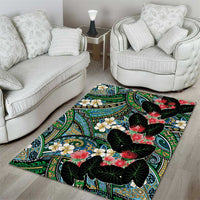 Hawaiian Taro Leaves and Ohia Lehua Area Rug Polynesian Tribal Art Tropical Plants Motifs Colorful