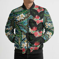 Hawaiian Taro Leaves and Ohia Lehua Bomber Puffer Jacket Polynesian Tribal Art Tropical Plants Motifs Colorful