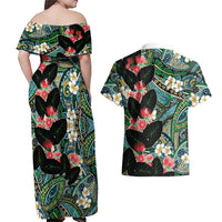 Hawaiian Taro Leaves and Ohia Lehua Couples Matching Off Shoulder Maxi Dress and Hawaiian Shirt Polynesian Tribal Art Tropical Plants Motifs Colorful