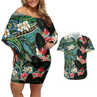Hawaiian Taro Leaves and Ohia Lehua Couples Matching Off Shoulder Short Dress and Hawaiian Shirt Polynesian Tribal Art Tropical Plants Motifs Colorful