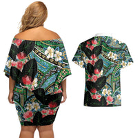 Hawaiian Taro Leaves and Ohia Lehua Couples Matching Off Shoulder Short Dress and Hawaiian Shirt Polynesian Tribal Art Tropical Plants Motifs Colorful
