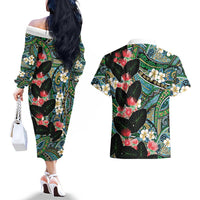 Hawaiian Taro Leaves and Ohia Lehua Couples Matching Off The Shoulder Long Sleeve Dress and Hawaiian Shirt Polynesian Tribal Art Tropical Plants Motifs Colorful