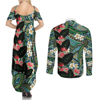 Hawaiian Taro Leaves and Ohia Lehua Couples Matching Summer Maxi Dress and Long Sleeve Button Shirt Polynesian Tribal Art Tropical Plants Motifs Colorful