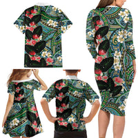 Hawaiian Taro Leaves and Ohia Lehua Family Matching Long Sleeve Bodycon Dress and Hawaiian Shirt Polynesian Tribal Art Tropical Plants Motifs Colorful