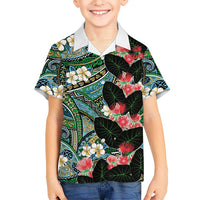 Hawaiian Taro Leaves and Ohia Lehua Family Matching Off Shoulder Maxi Dress and Hawaiian Shirt Polynesian Tribal Art Tropical Plants Motifs Colorful