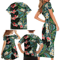 Hawaiian Taro Leaves and Ohia Lehua Family Matching Short Sleeve Bodycon Dress and Hawaiian Shirt Polynesian Tribal Art Tropical Plants Motifs Colorful