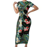 Hawaiian Taro Leaves and Ohia Lehua Family Matching Short Sleeve Bodycon Dress and Hawaiian Shirt Polynesian Tribal Art Tropical Plants Motifs Colorful