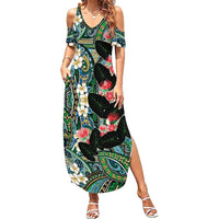 Hawaiian Taro Leaves and Ohia Lehua Family Matching Summer Maxi Dress and Hawaiian Shirt Polynesian Tribal Art Tropical Plants Motifs Colorful