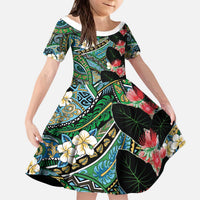 Hawaiian Taro Leaves and Ohia Lehua Kid Short Sleeve Dress Polynesian Tribal Art Tropical Plants Motifs Colorful
