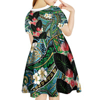 Hawaiian Taro Leaves and Ohia Lehua Kid Short Sleeve Dress Polynesian Tribal Art Tropical Plants Motifs Colorful