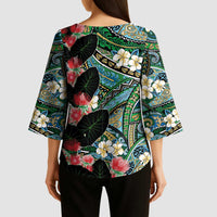 Hawaiian Taro Leaves and Ohia Lehua Kimono Sleeve Blouse Polynesian Tribal Art Tropical Plants Motifs Colorful