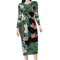 Hawaiian Taro Leaves and Ohia Lehua Long Sleeve Bodycon Dress Polynesian Tribal Art Tropical Plants Motifs Colorful