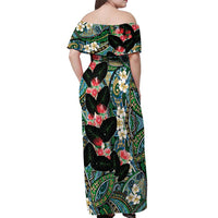 Hawaiian Taro Leaves and Ohia Lehua Off Shoulder Maxi Dress Polynesian Tribal Art Tropical Plants Motifs Colorful