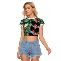 Hawaiian Taro Leaves and Ohia Lehua Raglan Cropped T Shirt Polynesian Tribal Art Tropical Plants Motifs Colorful