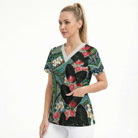 Hawaiian Taro Leaves and Ohia Lehua Scrub Top Polynesian Tribal Art Tropical Plants Motifs Colorful