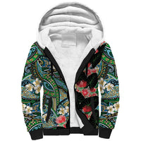 Hawaiian Taro Leaves and Ohia Lehua Sherpa Hoodie Polynesian Tribal Art Tropical Plants Motifs Colorful