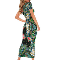 Hawaiian Taro Leaves and Ohia Lehua Short Sleeve Bodycon Dress Polynesian Tribal Art Tropical Plants Motifs Colorful