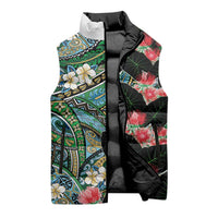 Hawaiian Taro Leaves and Ohia Lehua Sleeveless Puffer Jacket Polynesian Tribal Art Tropical Plants Motifs Colorful