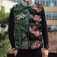 Hawaiian Taro Leaves and Ohia Lehua Sleeveless Puffer Jacket Polynesian Tribal Art Tropical Plants Motifs Colorful