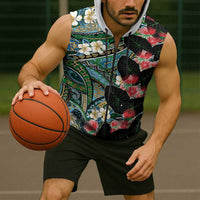 Hawaiian Taro Leaves and Ohia Lehua Sleeveless Zip Hoodie Polynesian Tribal Art Tropical Plants Motifs Colorful
