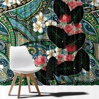 Hawaiian Taro Leaves and Ohia Lehua Window Curtain Polynesian Tribal Art Tropical Plants Motifs Colorful