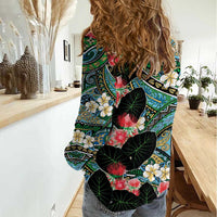 Hawaiian Taro Leaves and Ohia Lehua Women Casual Shirt Polynesian Tribal Art Tropical Plants Motifs Colorful