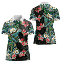 Hawaiian Taro Leaves and Ohia Lehua Women Polo Shirt Polynesian Tribal Art Tropical Plants Motifs Colorful