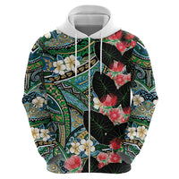 Hawaiian Taro Leaves and Ohia Lehua Zip Hoodie Polynesian Tribal Art Tropical Plants Motifs Colorful